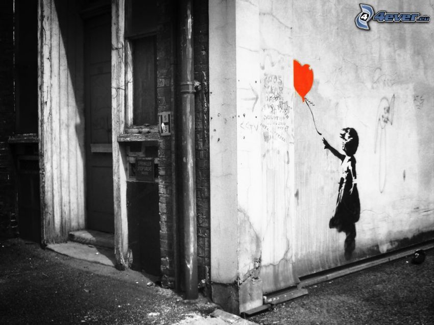 flicka med ballonger, mur, dörr