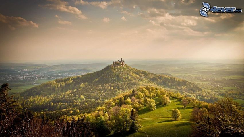 Hohenzollern, kulle, slott, Tyskland, solstrålar, utsikt över landskap