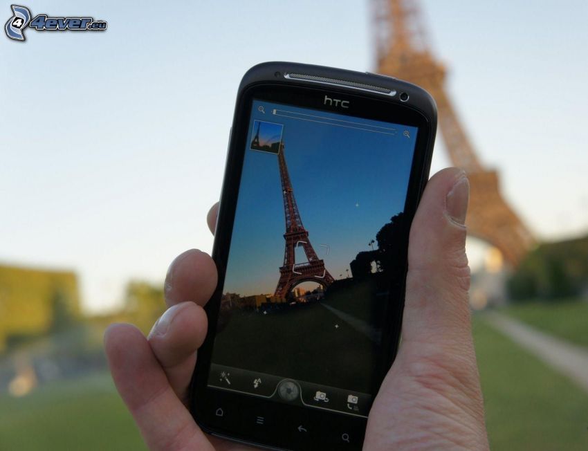 mobiltelefon, hand, fotografering, Eiffeltornet