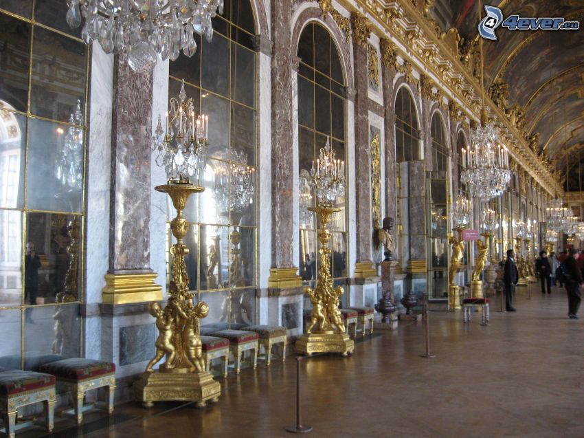 Slottet i Versailles, korridor, interiör, ljus, fönster