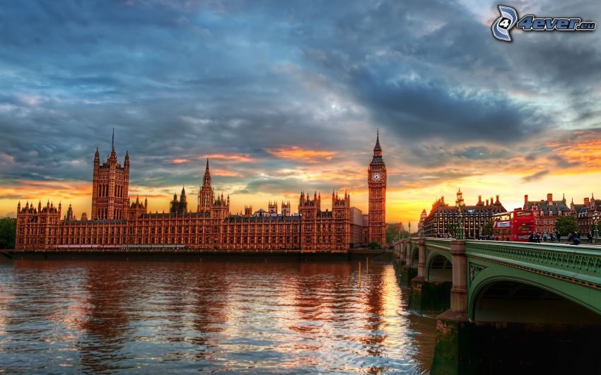 Westminsterpalatset, Big Ben, Thames, kväll, London