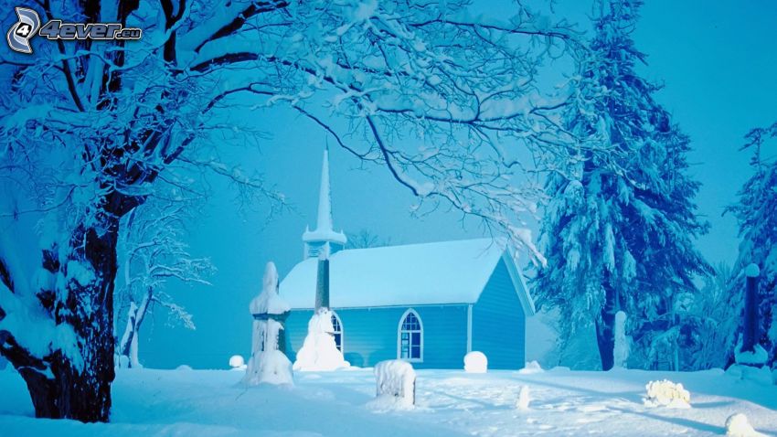 kyrka, kyrkogård, snöigt landskap