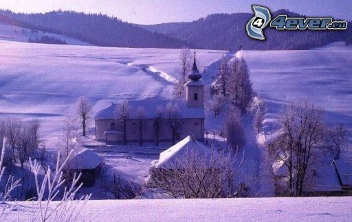 kyrka, snöig by, natur