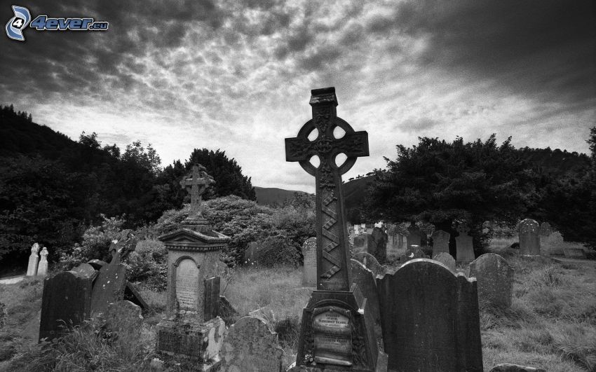 kyrkogård, svartvitt foto