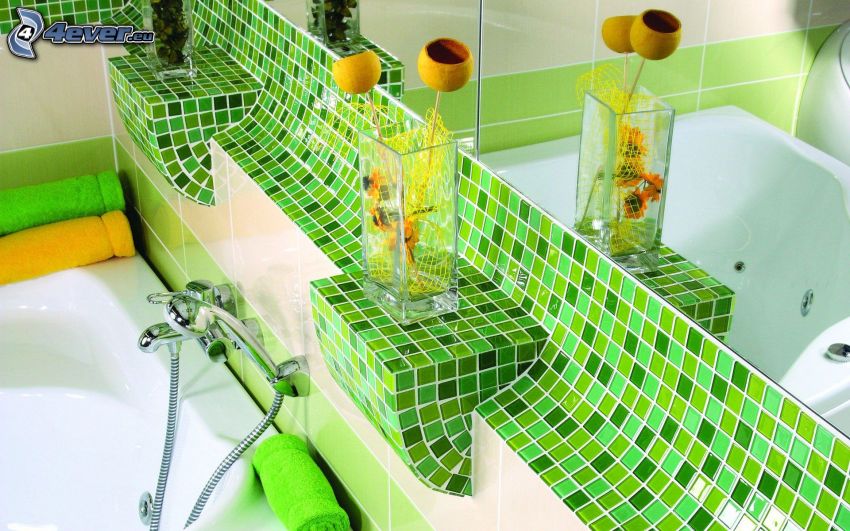 badrum, badkar, vas, gröna kakelplattor, spegel