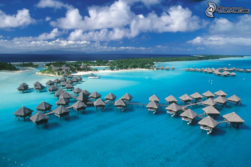 semesterstugor vid havet, Tahiti, grunt azurblå hav, ö