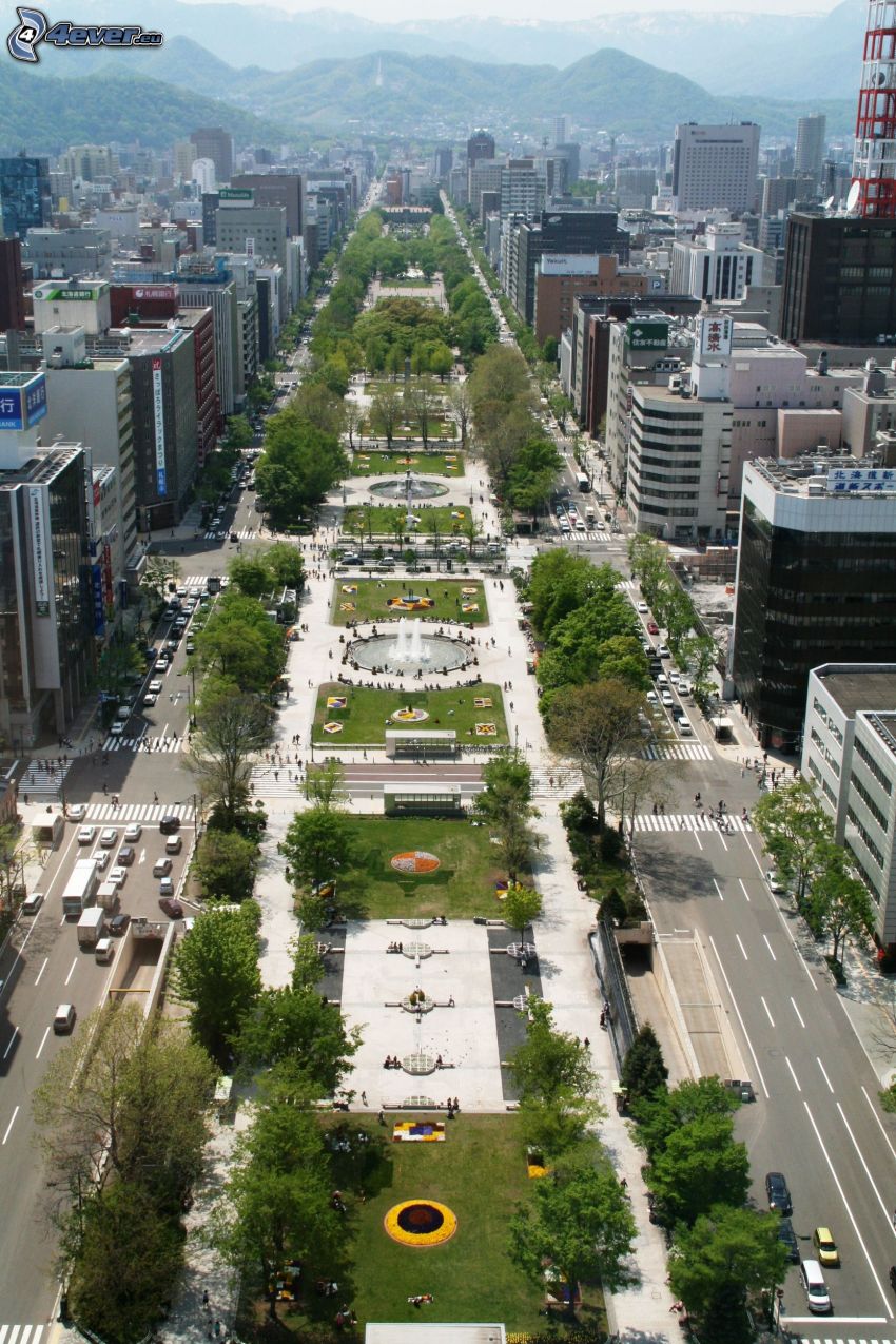 Odori Park, Sapporo, skyskrapor, bergskedja