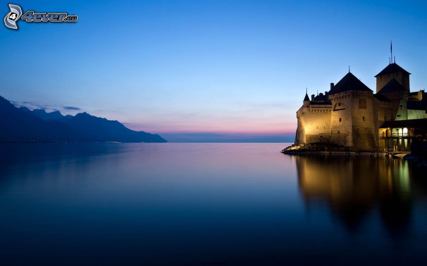 slottet Chillon, Genèvesjön, Schweiz, slott vid vatten