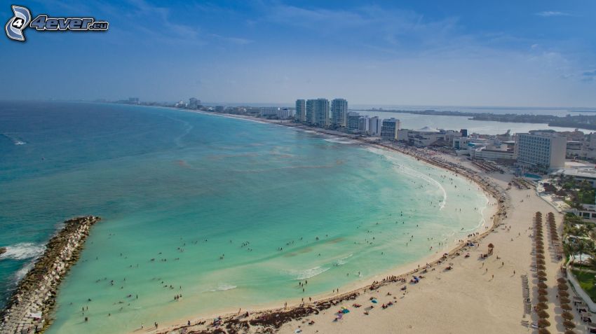 Cancún, badort, sandstrand, skyskrapor, hav