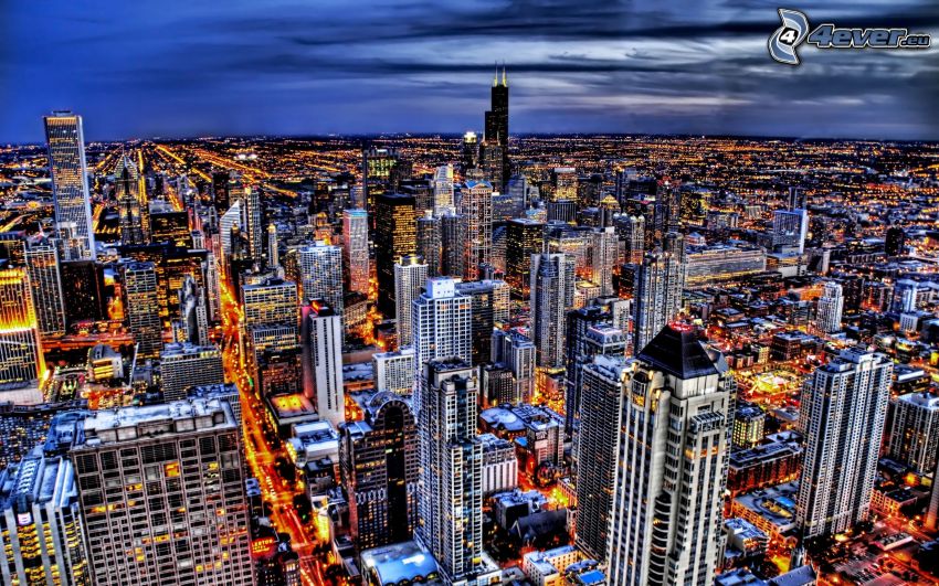 Chicago, skyskrapor, nattstad, HDR
