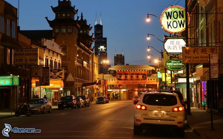 Chinatown, Chicago, kvällsstad, gata