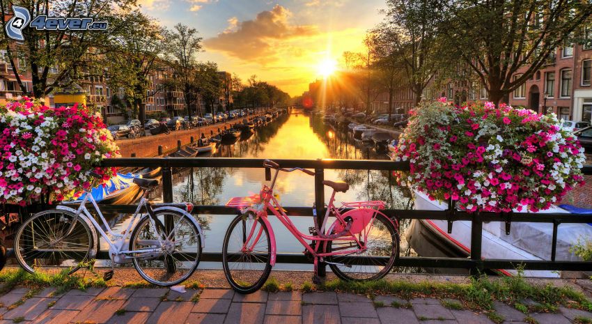 cyklar, kanal, räcke, solnedgång, Amsterdam