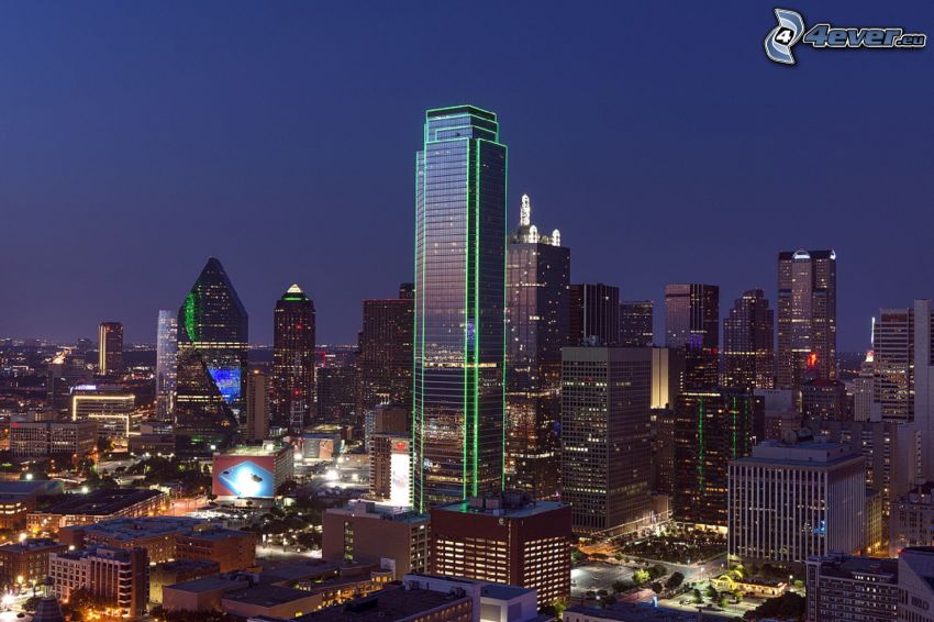 Dallas, nattstad, skyskrapor