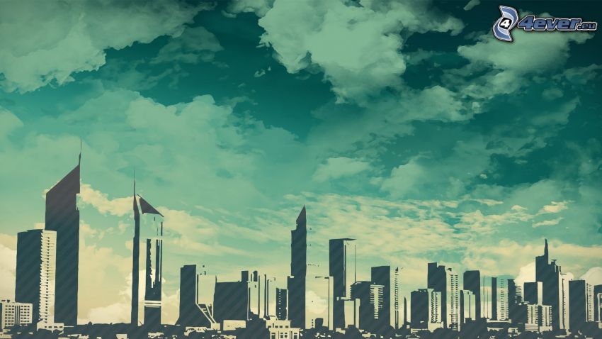 Dubai, tecknad stad, moln, skyskrapor