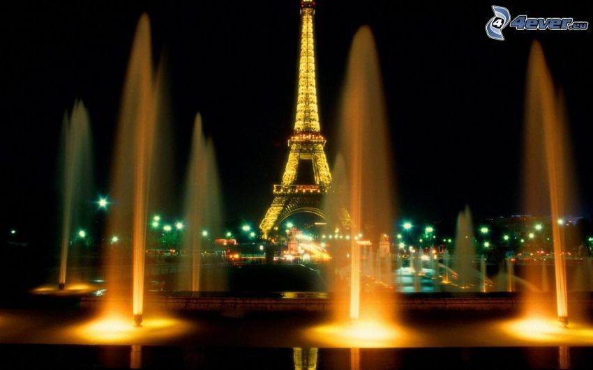 Eiffeltornet på natten, Paris, fontän