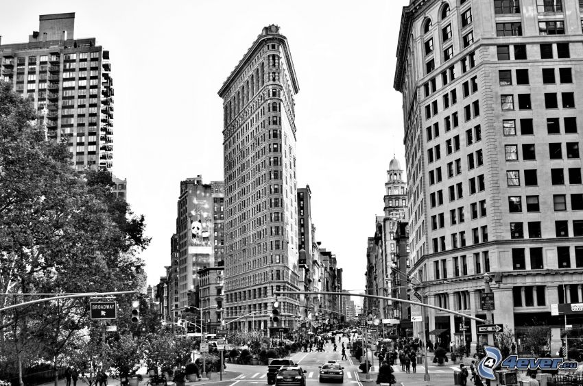 Flatiron, Manhattan, gator, svartvitt foto