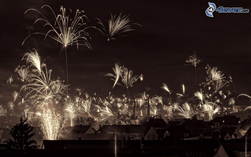 fyrverkerier över stad, nattstad