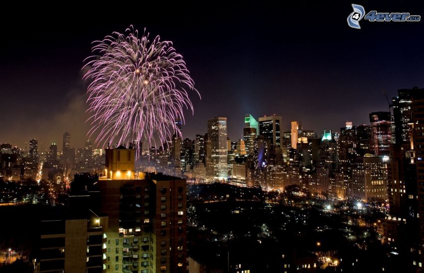 fyrverkerier över stad, New York på natten, USA