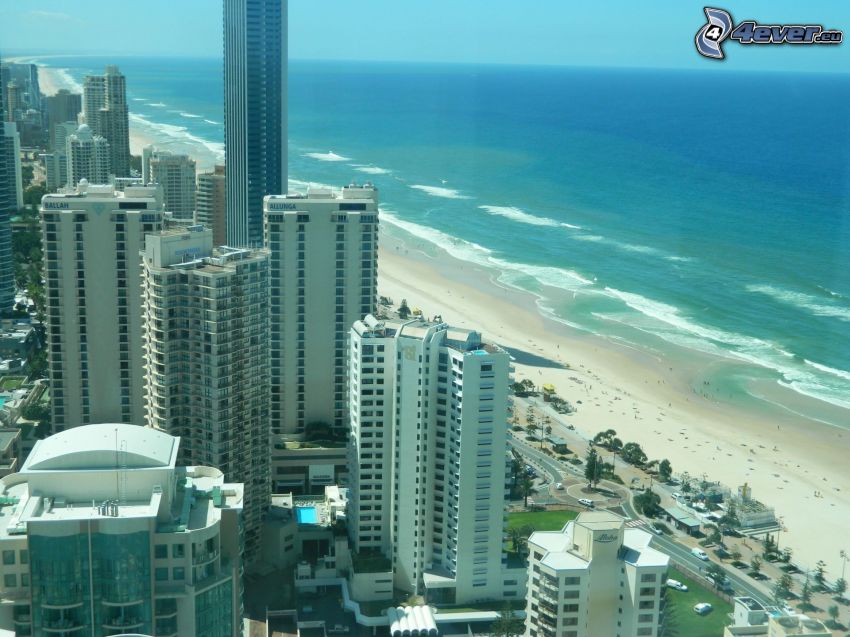 Gold Coast, skyskrapor, sandstrand, öppet hav