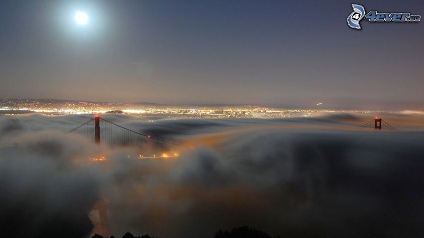 Golden Gate, måne, bro i dimma
