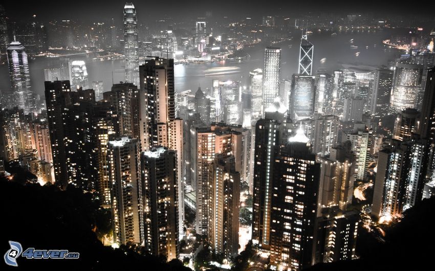 Hong Kong, skyskrapor, nattstad