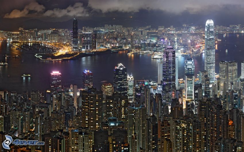 Hong Kong, skyskrapor, nattstad