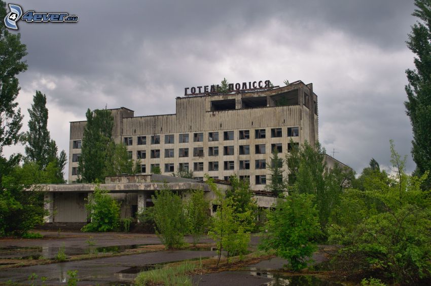 hotel, gammal byggnad, träd, Pripyat