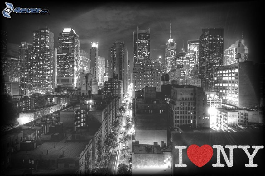 I love NY, nattstad, svartvitt foto