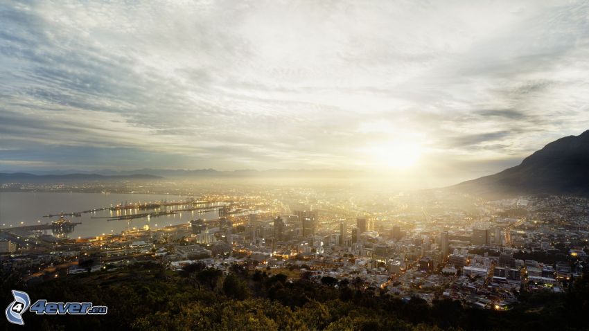 Kapstaden, solnedgång över stad