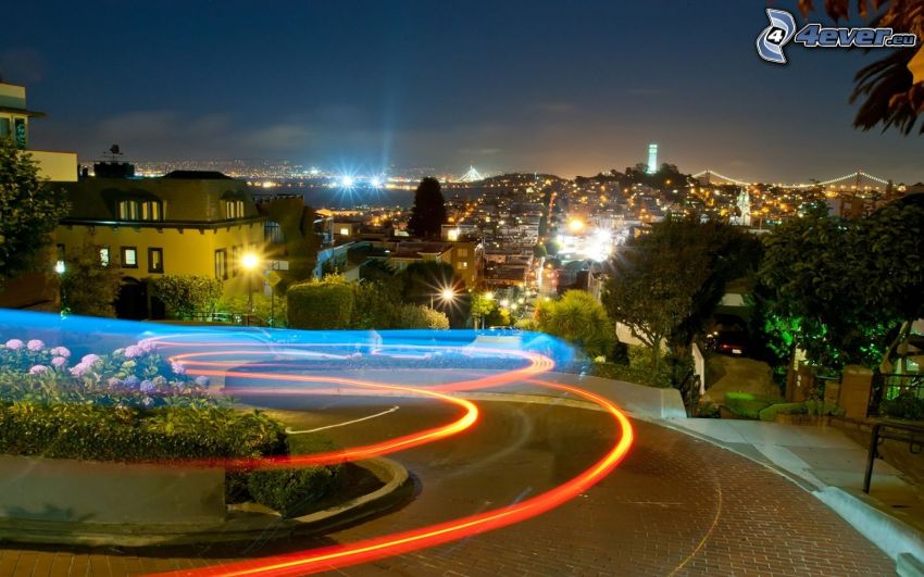 Lombard Street, San Francisco, nattstad, gata