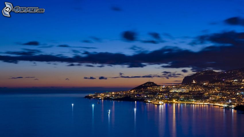 Madeira, badort, hav, kvällsstad