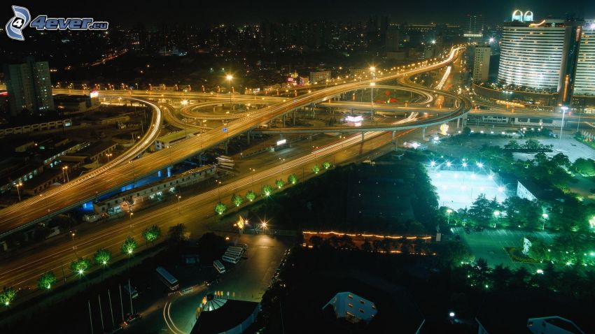 motorvägskorsning, Kina, broar, natt