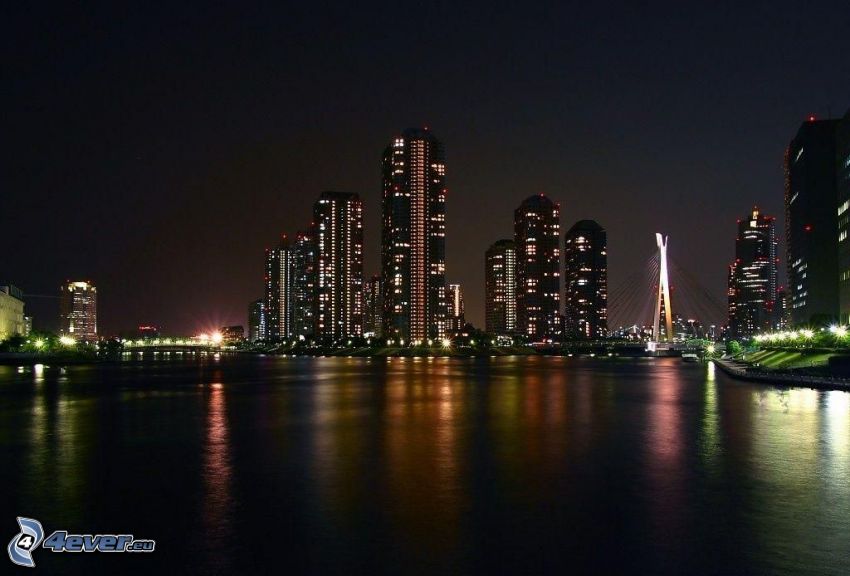 nattstad, flod, skyskrapor