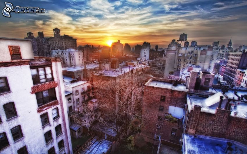 New York, solnedgång i staden, HDR