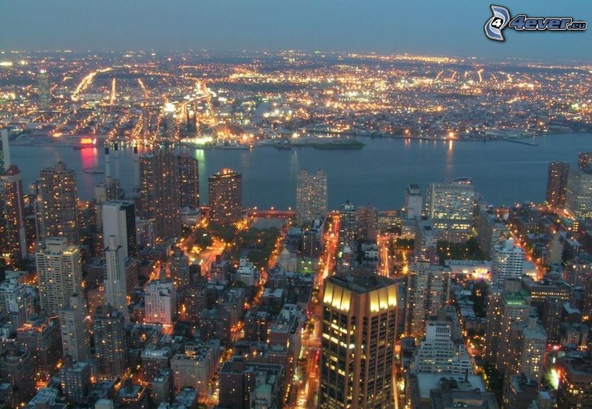 New York på natten, stadsutsikt, belysning