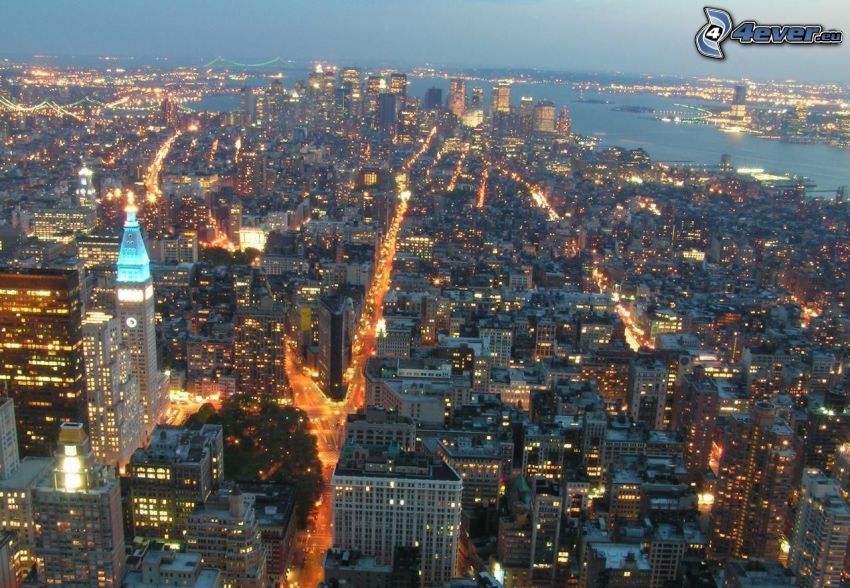 New York på natten, stadsutsikt, USA