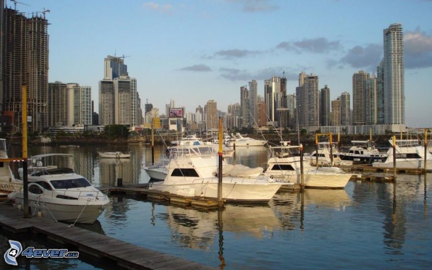 Panama, hamn, fartyg, skyskrapor