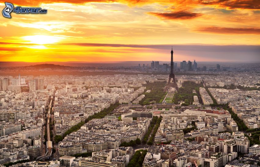Paris, Eiffeltornet, solnedgång över stad, kvällshimmel
