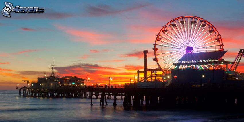 pariserhjul, hav, efter solnedgången, Santa Monica