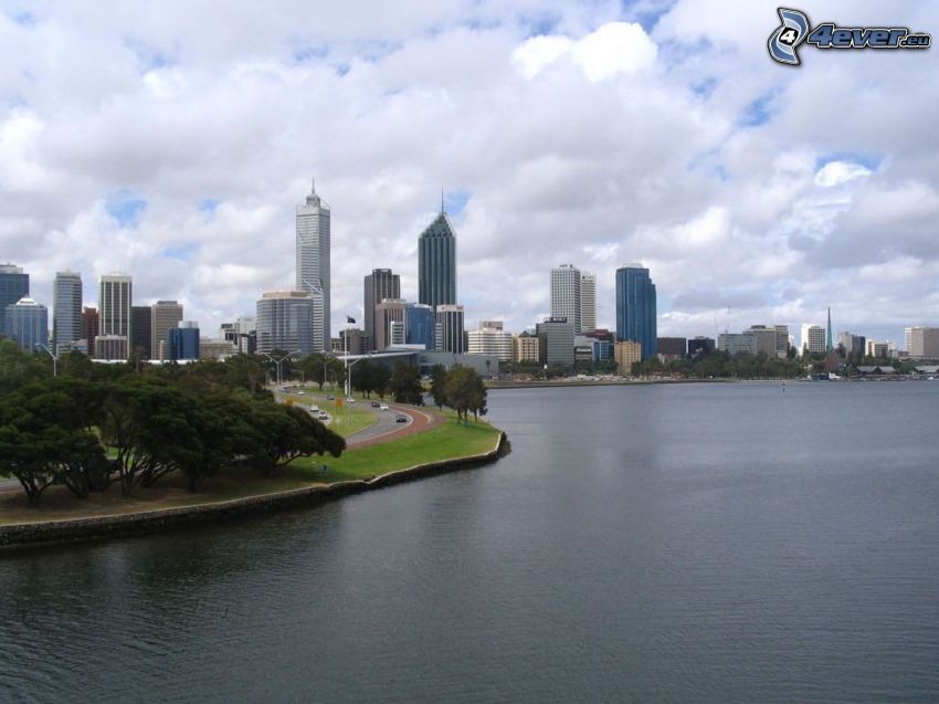 Perth, skyskrapor, hav, moln