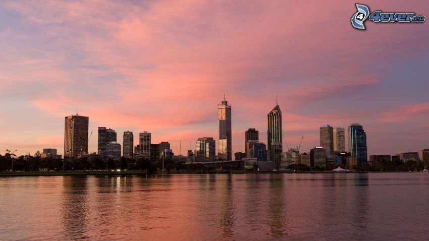 Perth, skyskrapor, orange himmel
