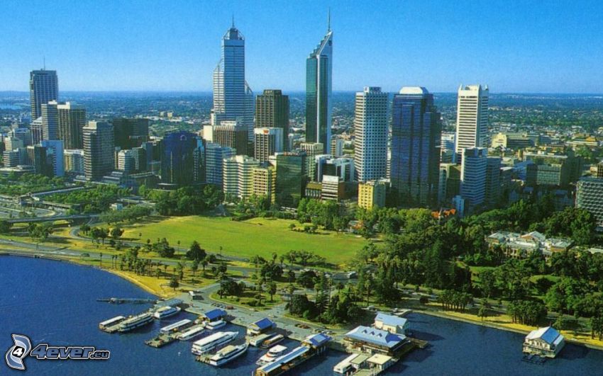 Perth, skyskrapor, park