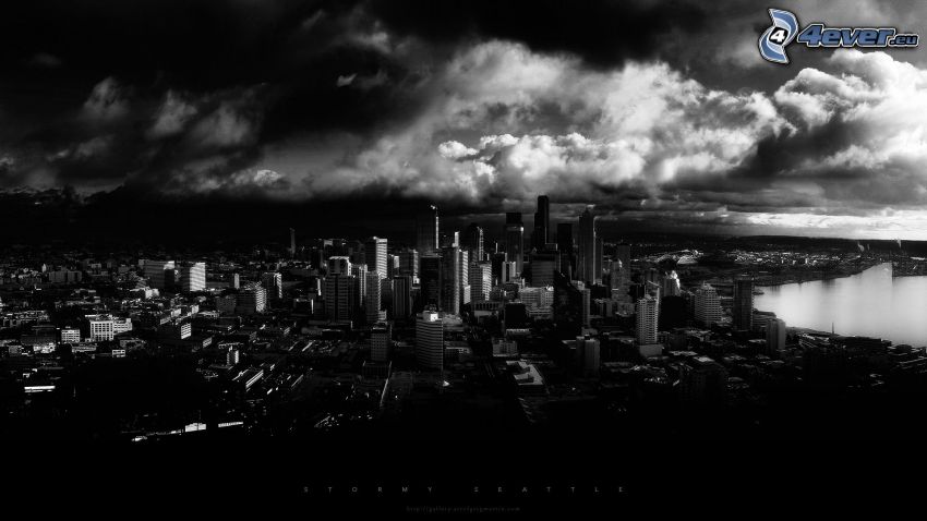 Seattle, nattstad, moln, svart och vitt