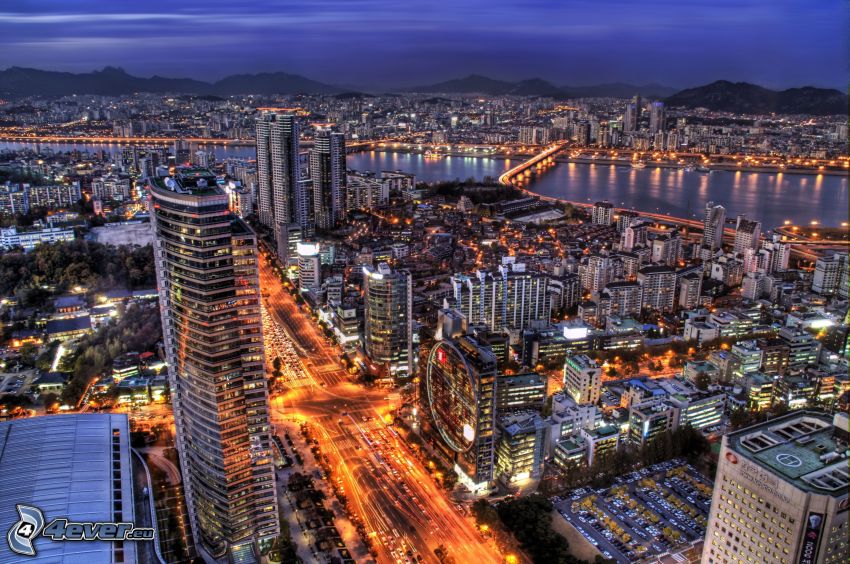 Seoul, nattstad, gata, HDR