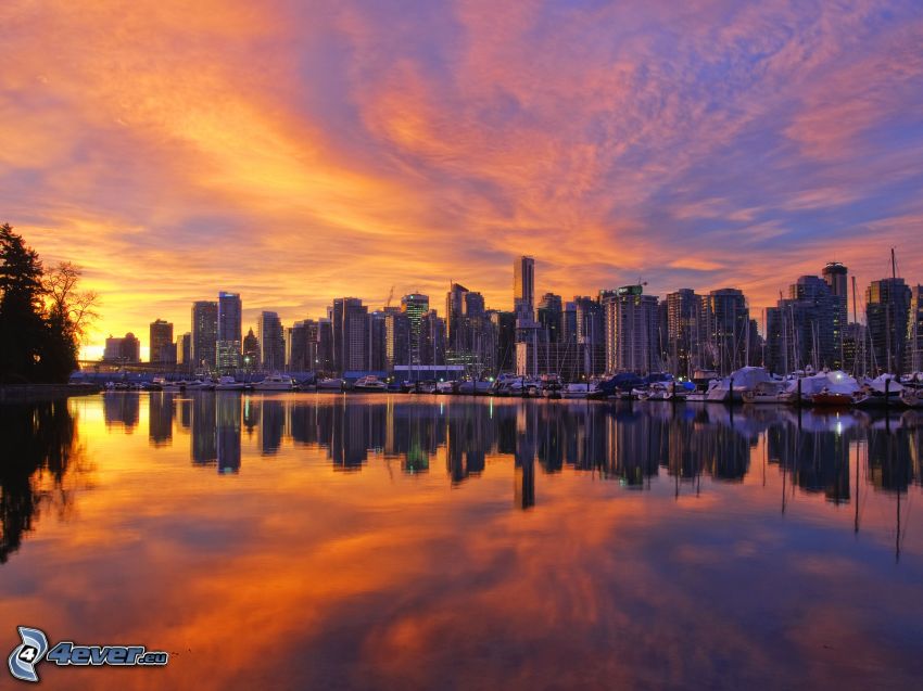Vancouver, skyskrapor, kvällsstad