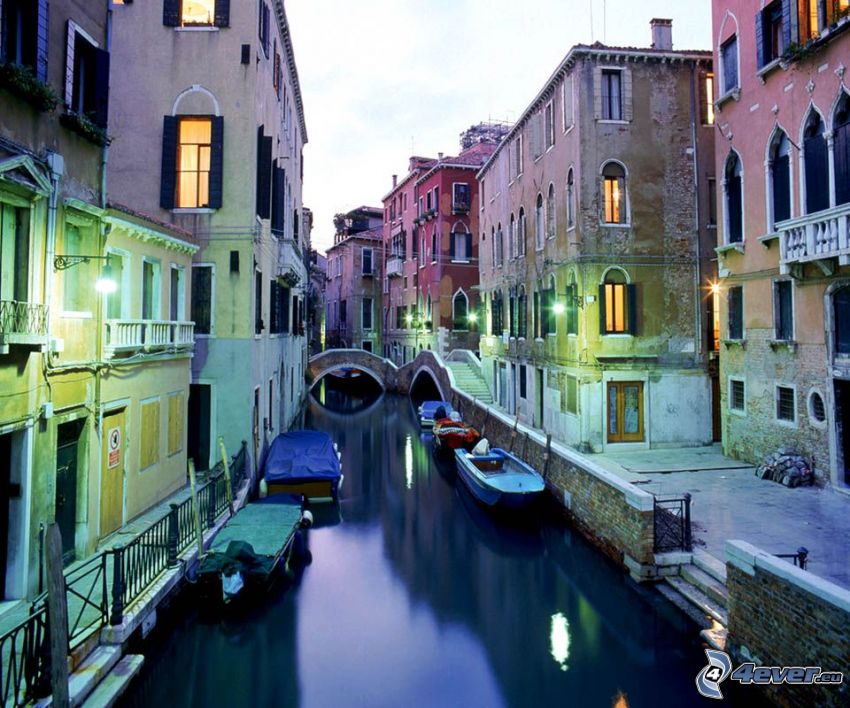 Venedig, Italien, gata, båtar