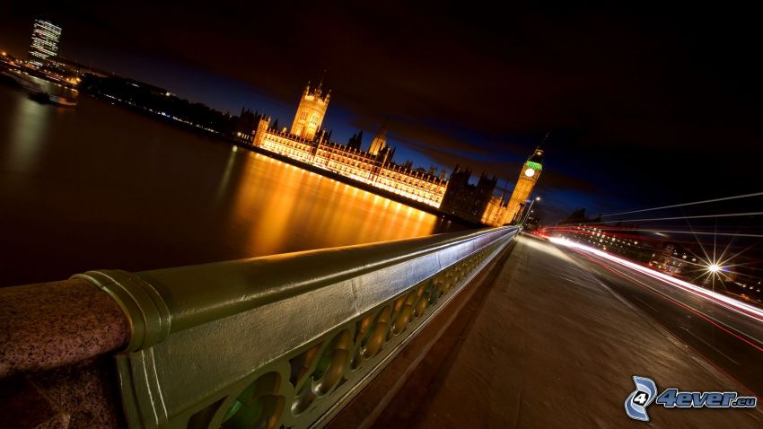 Westminsterpalatset, Brittiska parlamentet, Big Ben, Thames, nattstad