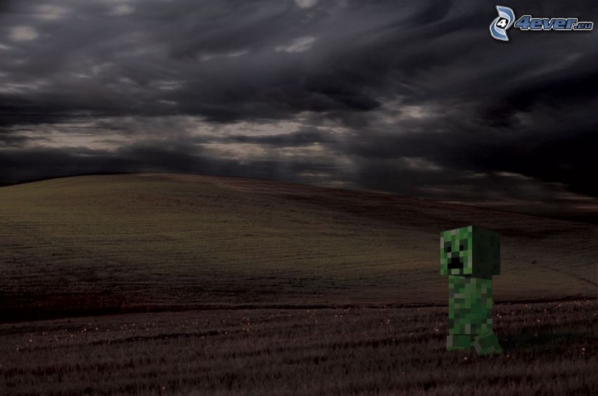 Creeper, Minecraft, åker, mörk himmel