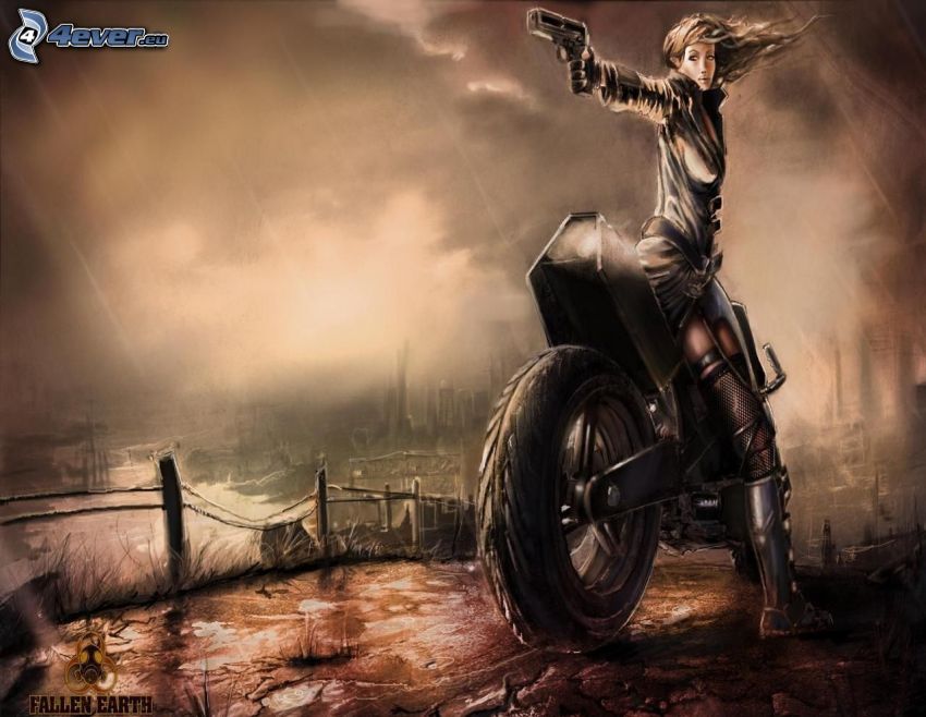 Fallen Earth, kvinna med vapen, kvinna på motorcykel
