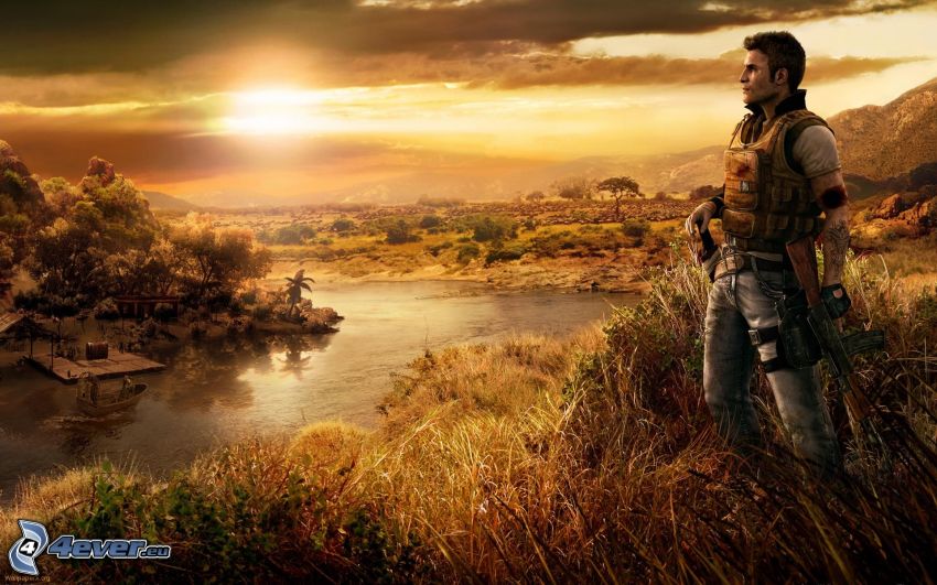 Far Cry 2, solnedgång, man med vapen, utsikt över landskap